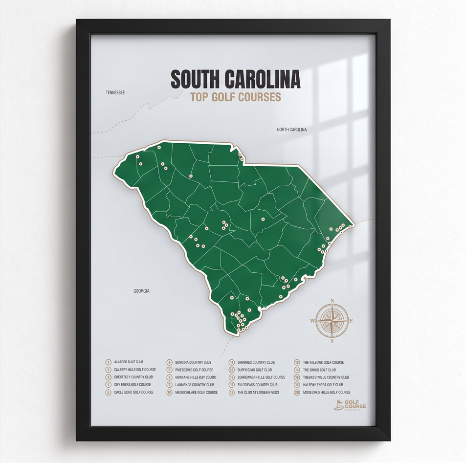 South Carolina golf courses map in Green - Black Framed