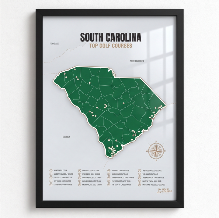 South Carolina golf courses map in Green - Black Framed