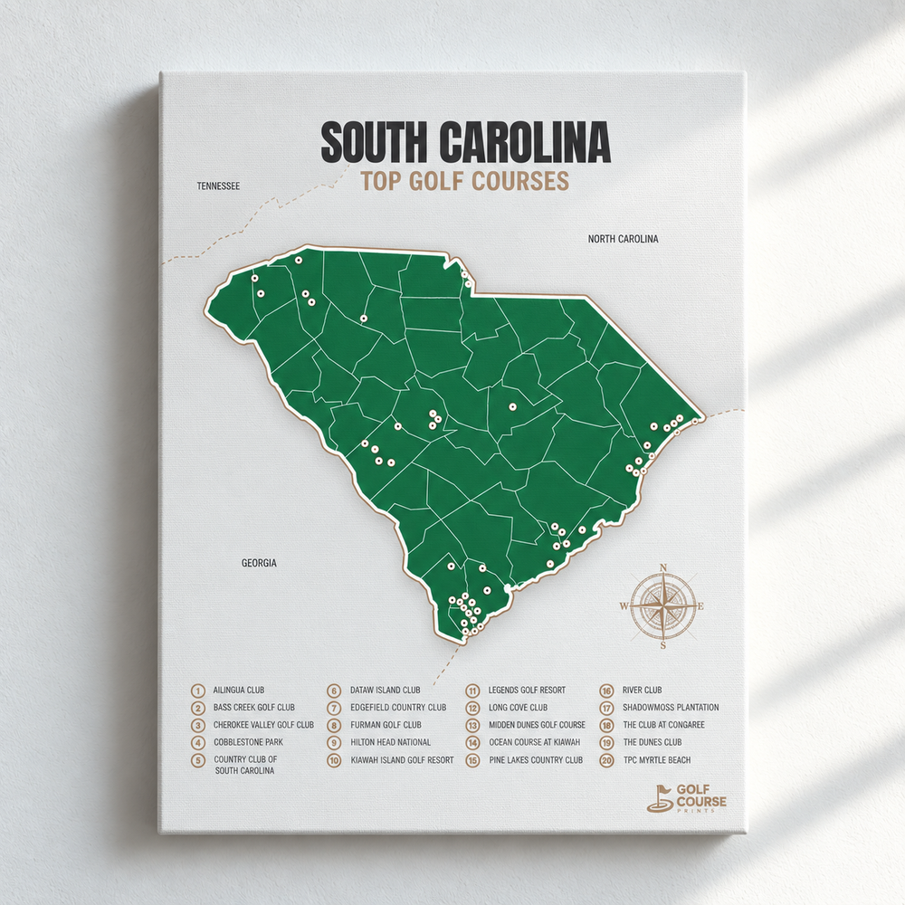 South Carolina golf courses map in Green - Unframed