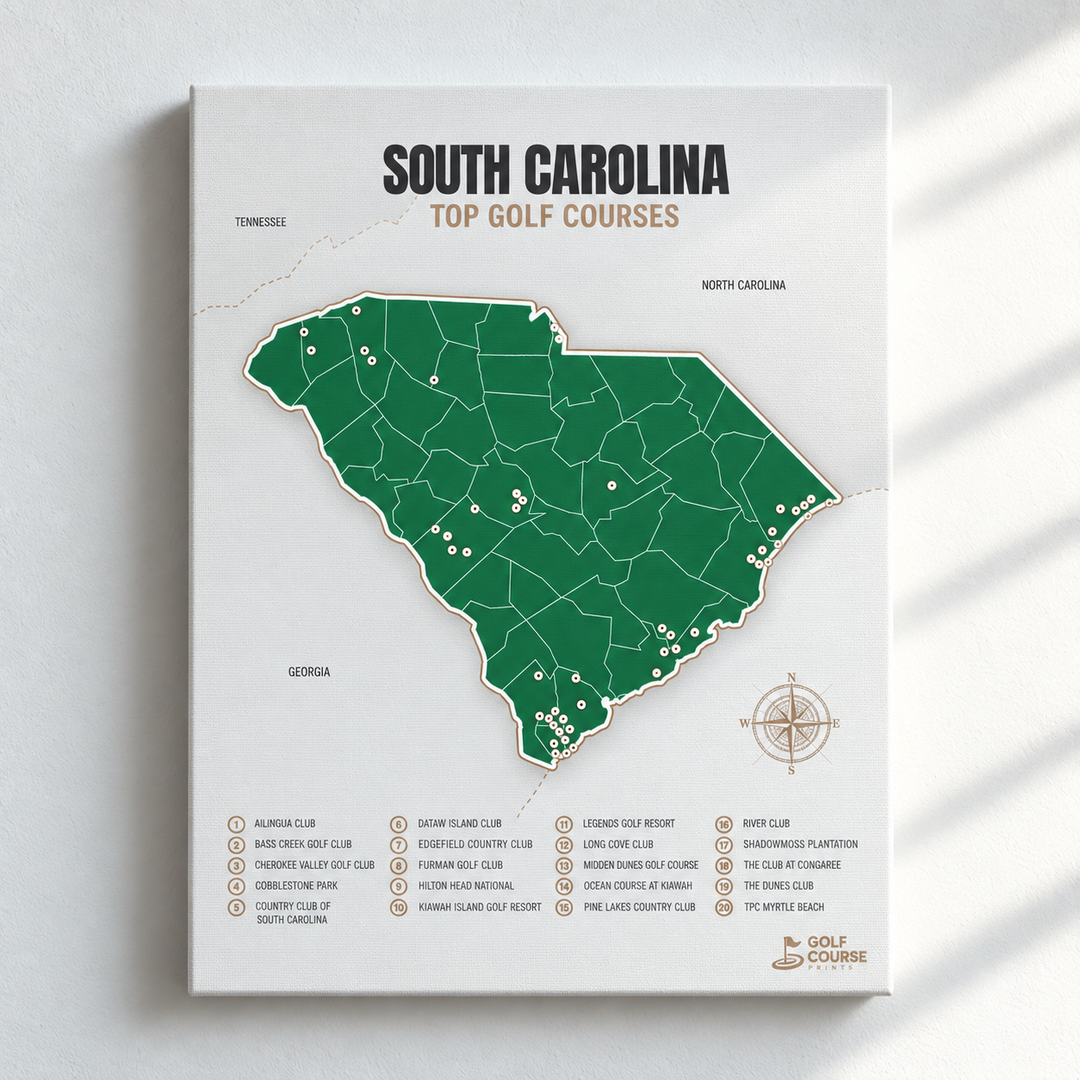 South Carolina golf courses map in Green - Unframed