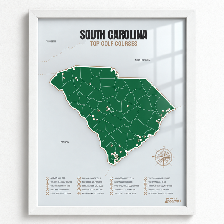 South Carolina golf courses map in Green - White Framed