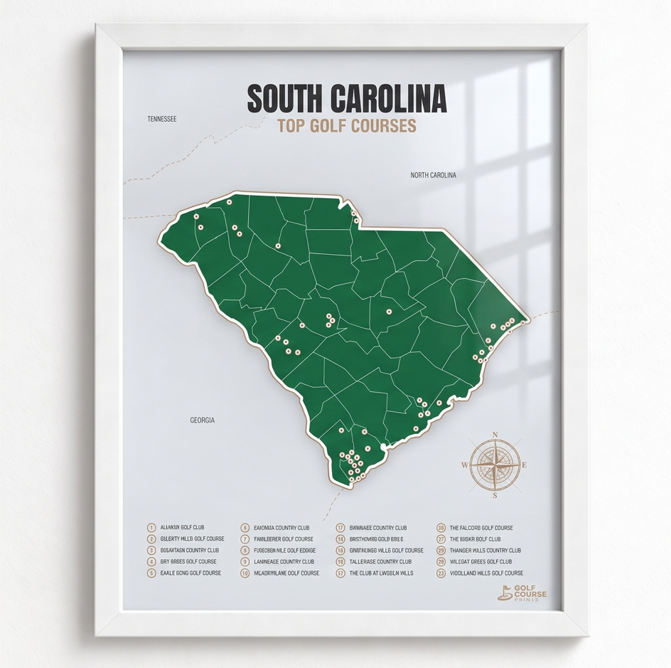 South Carolina golf courses map in Green - White Framed