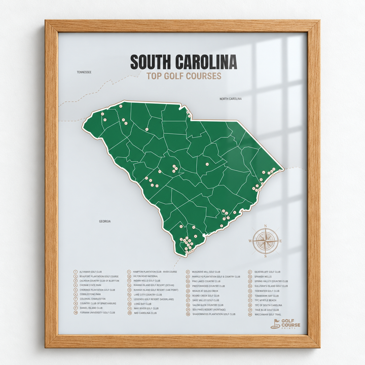 South Carolina golf courses map in Green - Wooden Framed