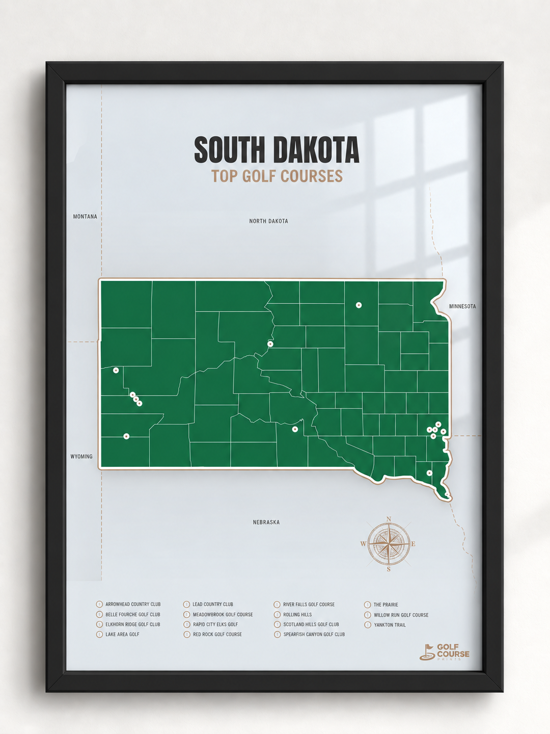 South Dakota golf courses map in Green - Black Framed