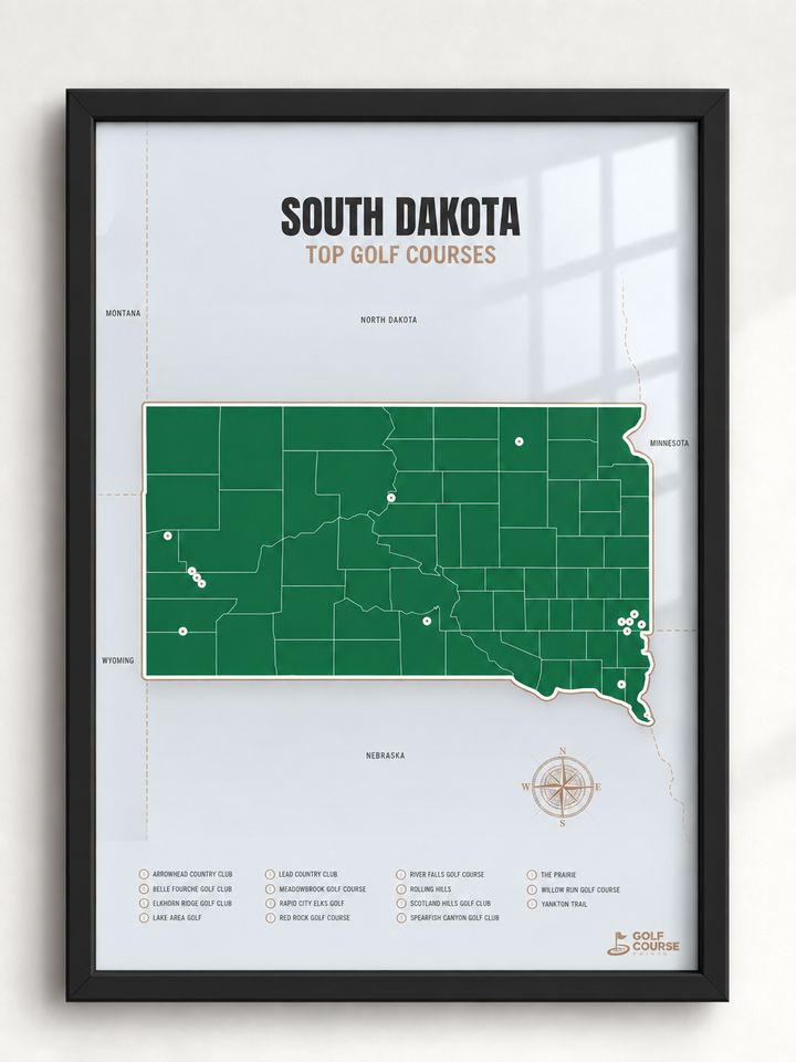 South Dakota golf courses map in Green - Black Framed
