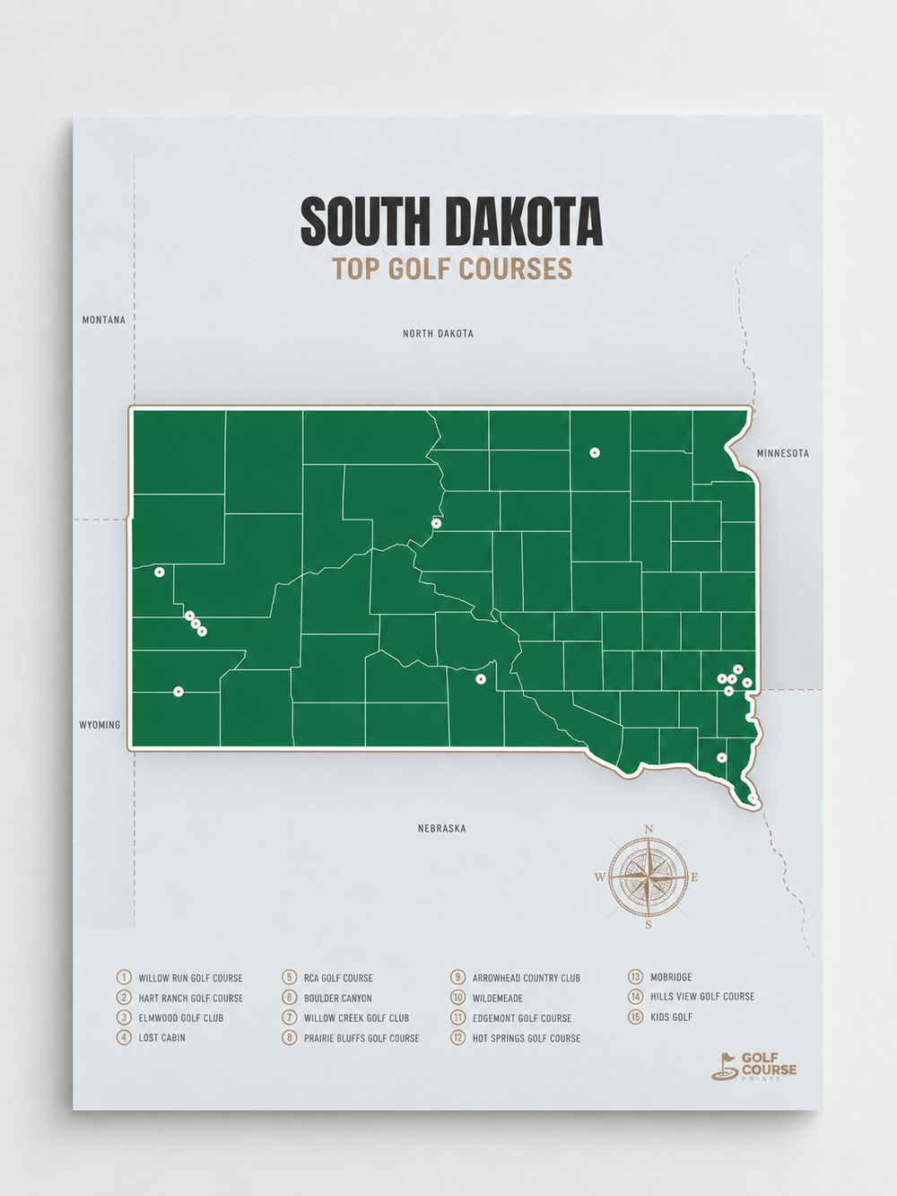 South Dakota golf courses map in Green - Unframed