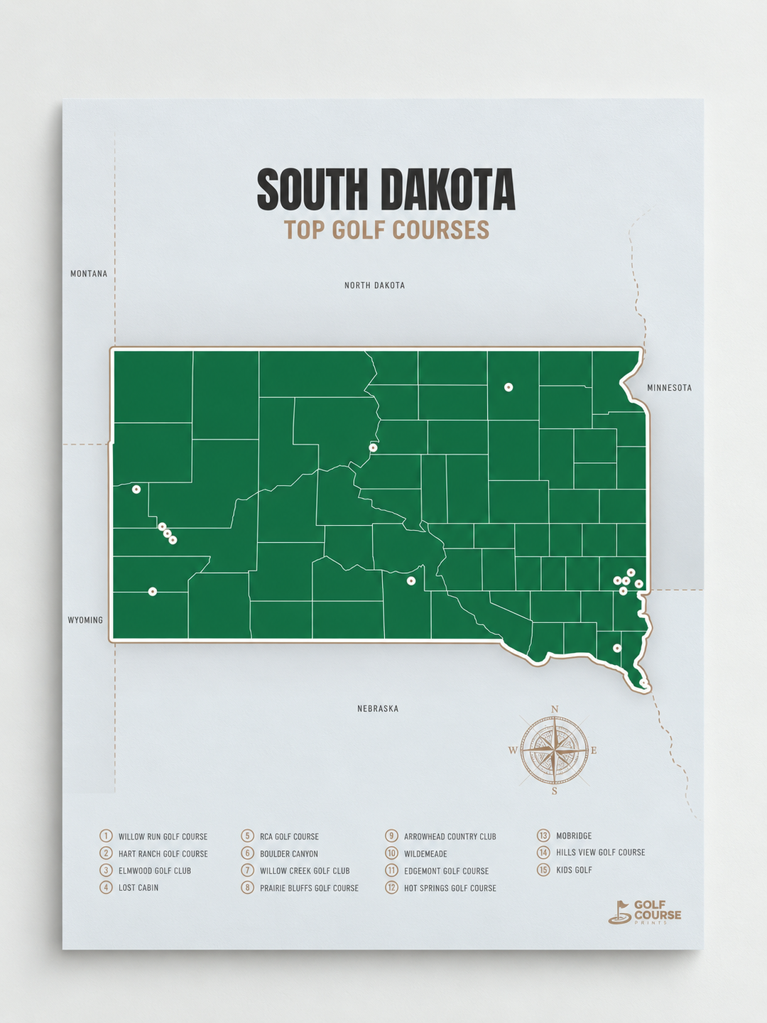 South Dakota golf courses map in Green - Unframed