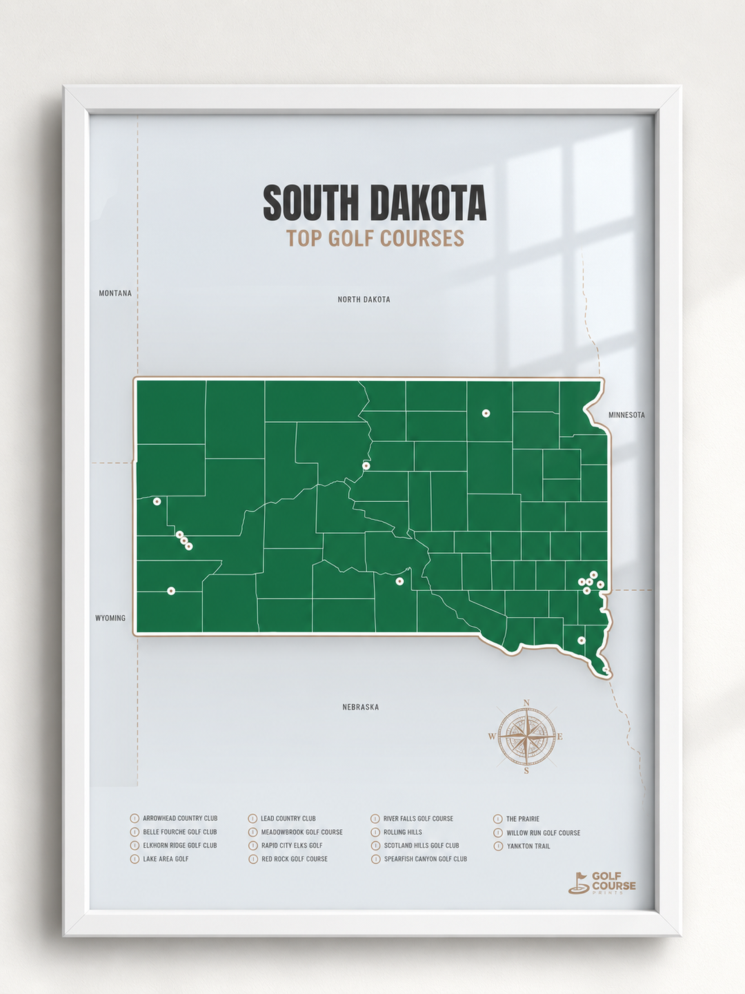 South Dakota golf courses map in Green - White Framed