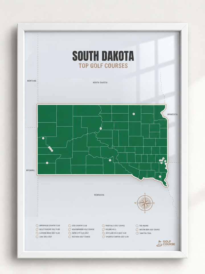 South Dakota golf courses map in Green - White Framed