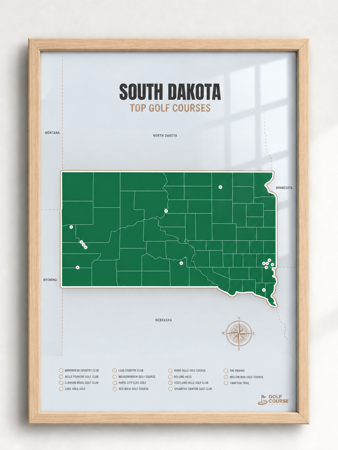 South Dakota golf courses map in Green - Wooden Framed