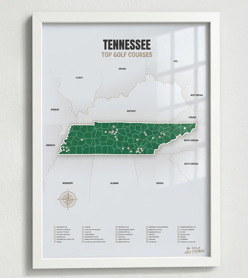Tennessee golf courses map in Green - White Framed