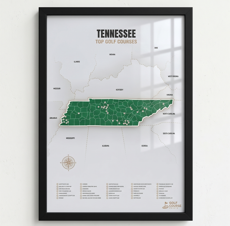 Tennessee golf courses map in Green - Black Framed
