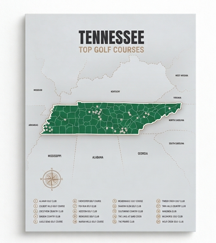 Tennessee golf courses map in Green - Unframed