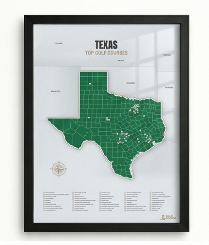 Texas golf courses map in Green - Black Framed