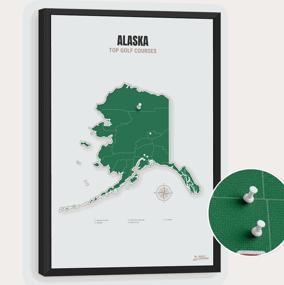 Map of Alaska Golf Courses - Green - Pushpin - Black Frame