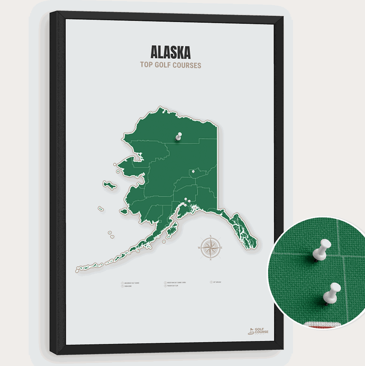 Map of Alaska Golf Courses - Green - Pushpin - Black Frame