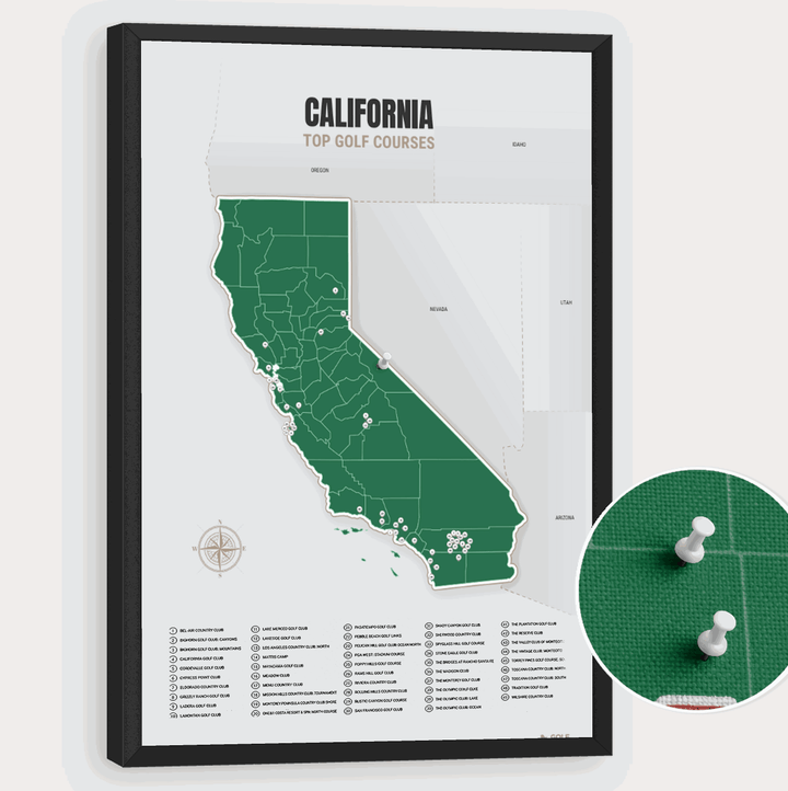 Map of California Golf Courses - Green - Pushpin - Black Frame