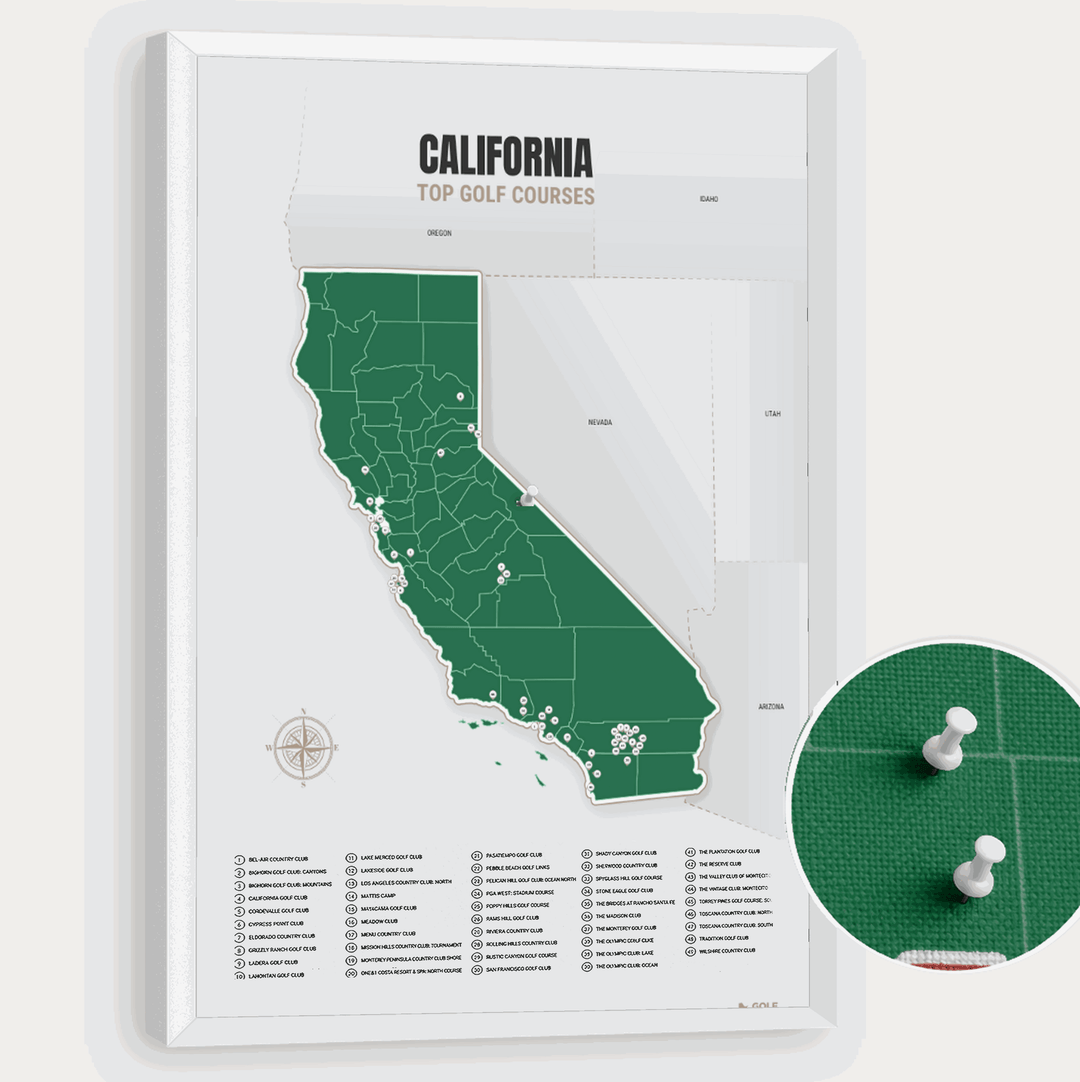 Map of California Golf Courses - Green - Pushpin - White Frame