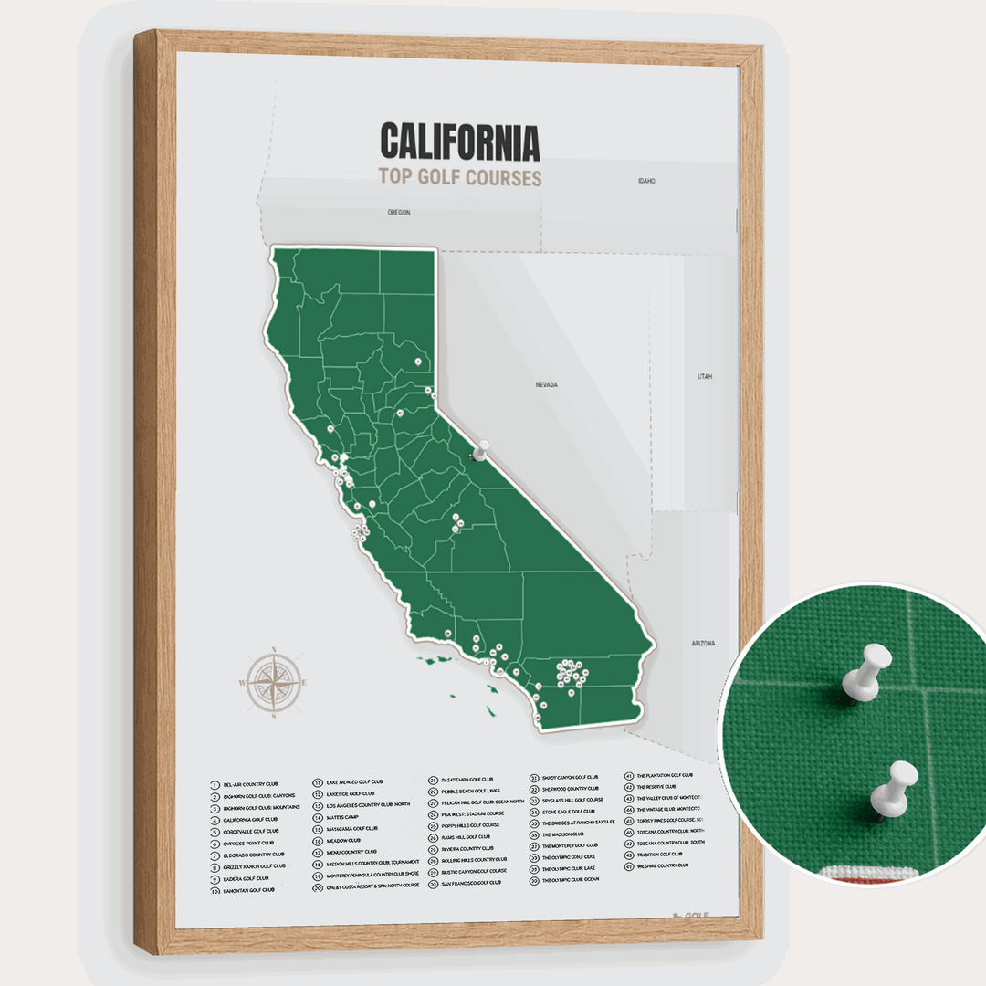 Map of California Golf Courses - Green - Pushpin - Wooden Frame