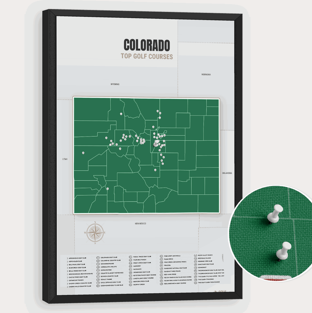 Map of Colorado Golf Courses - Green - Pushpin - Black Frame
