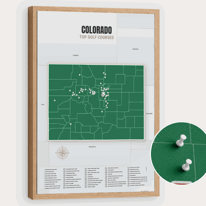 Map of Colorado Golf Courses - Green - Pushpin - Wooden Frame