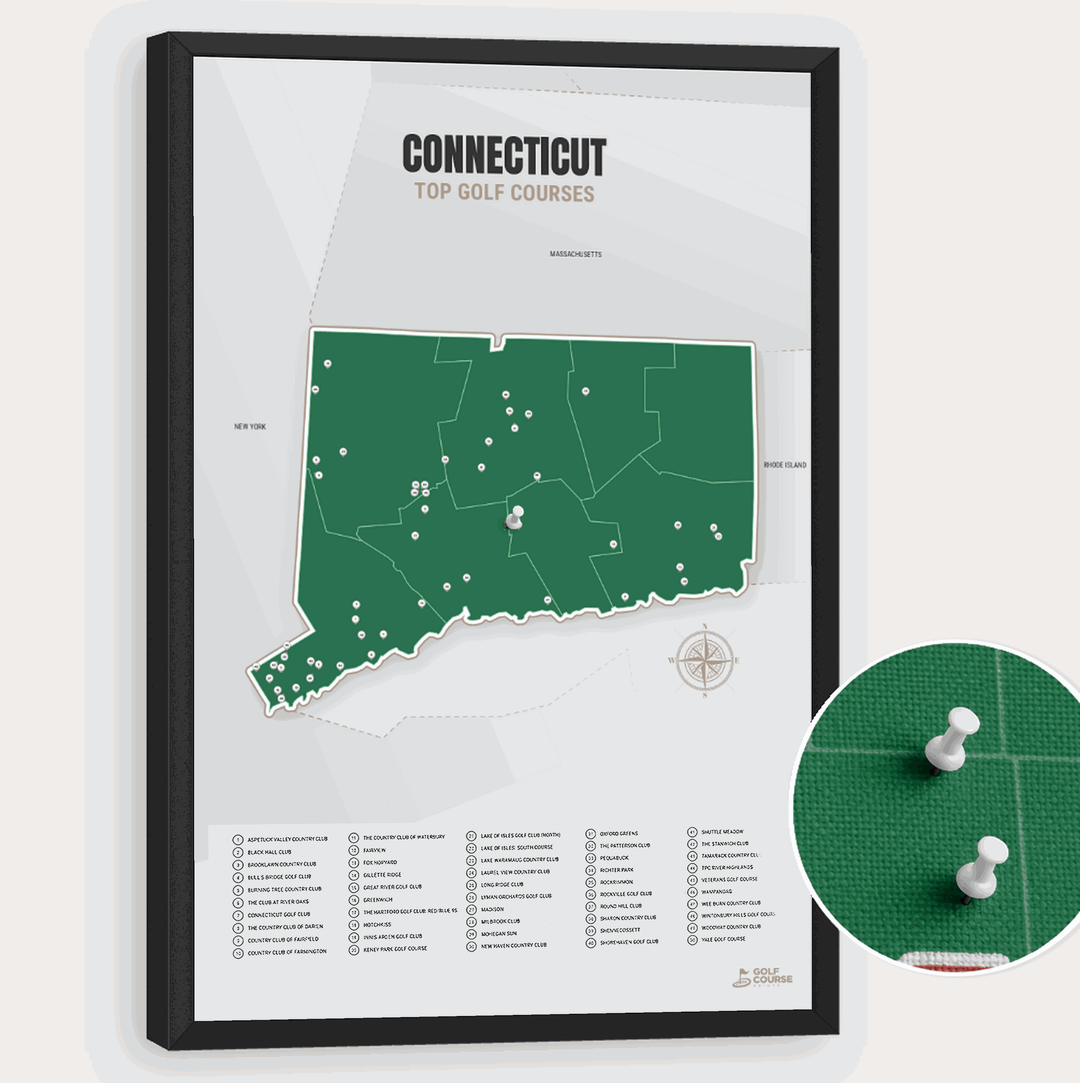 Map of Connecticut Golf Courses - Green - Pushpin - Black Frame