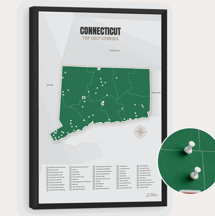 Map of Connecticut Golf Courses - Green - Pushpin - Black Frame