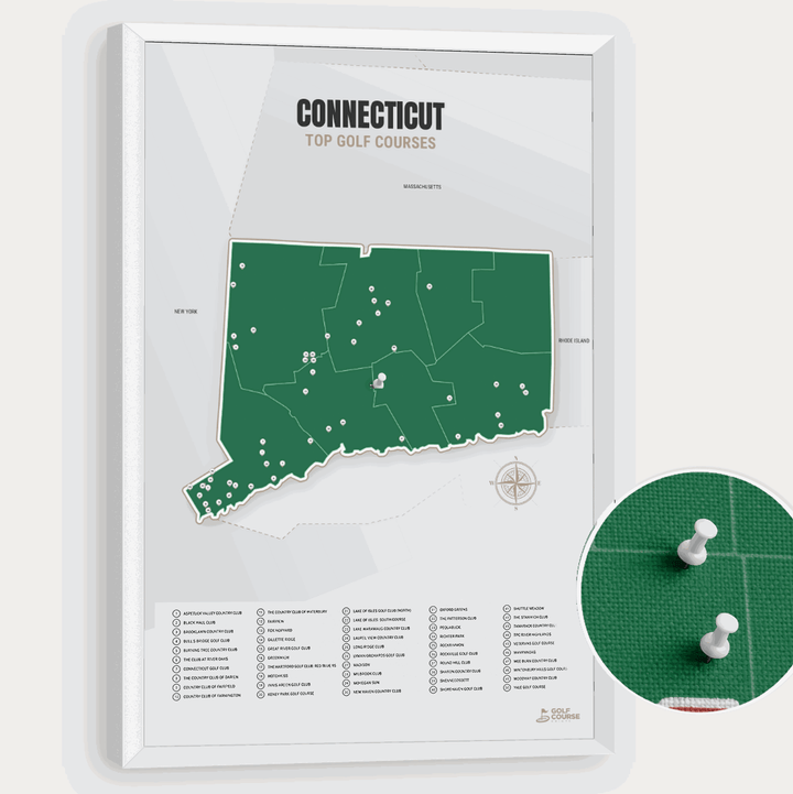 Map of Connecticut Golf Courses - Green - Pushpin - White Frame