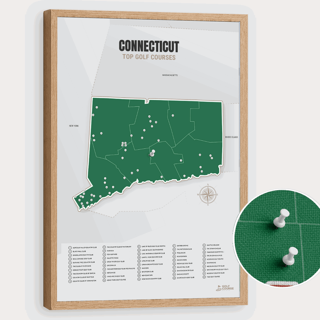 Map of Connecticut Golf Courses - Green - Pushpin - Wooden Frame