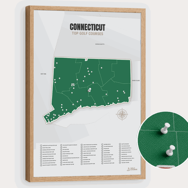 Map of Connecticut Golf Courses - Green - Pushpin - Wooden Frame