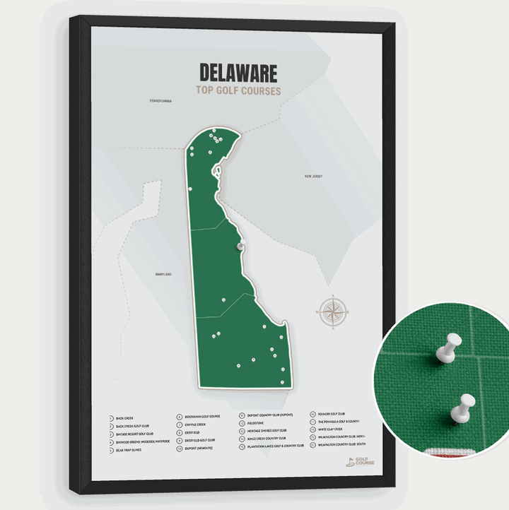 Map of Delaware Golf Courses - Green - Pushpin - Black Frame