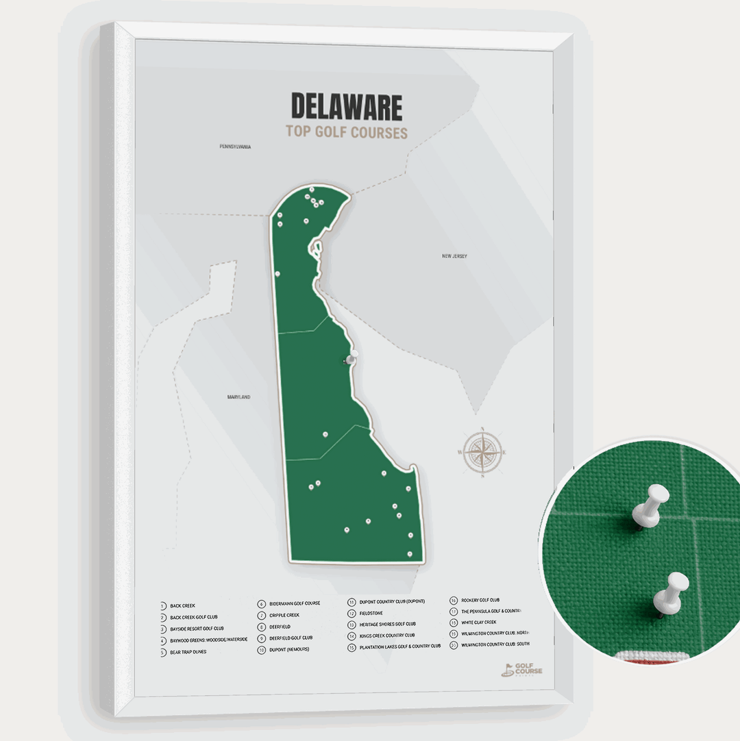 Map of Delaware Golf Courses - Green - Pushpin - White Frame