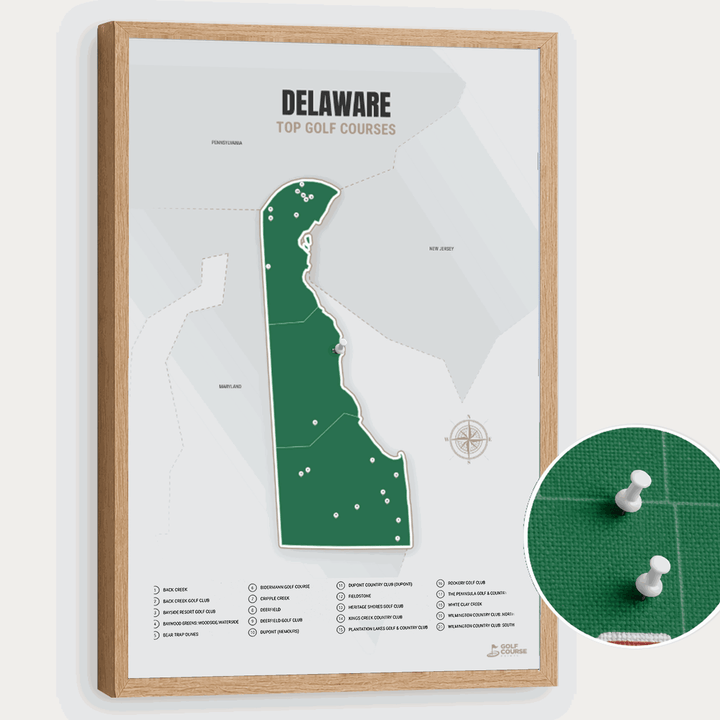 Map of Delaware Golf Courses - Green - Pushpin - Wooden Frame