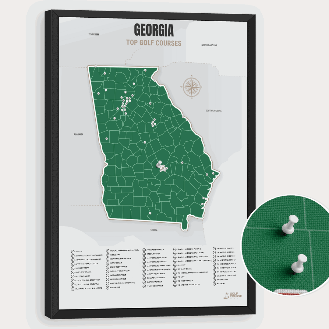Map of Georgia Golf Courses - Green - Pushpin - Black Frame