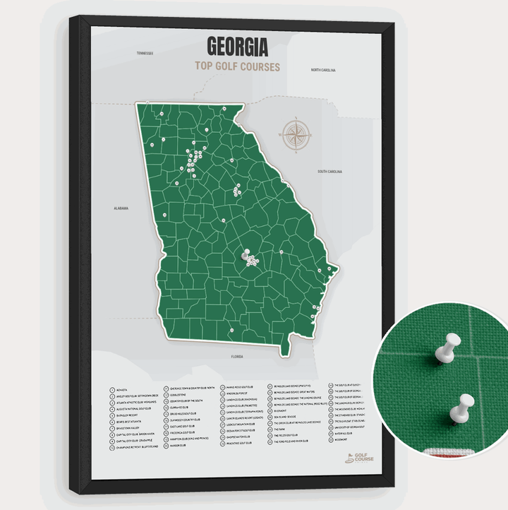 Map of Georgia Golf Courses - Green - Pushpin - Black Frame