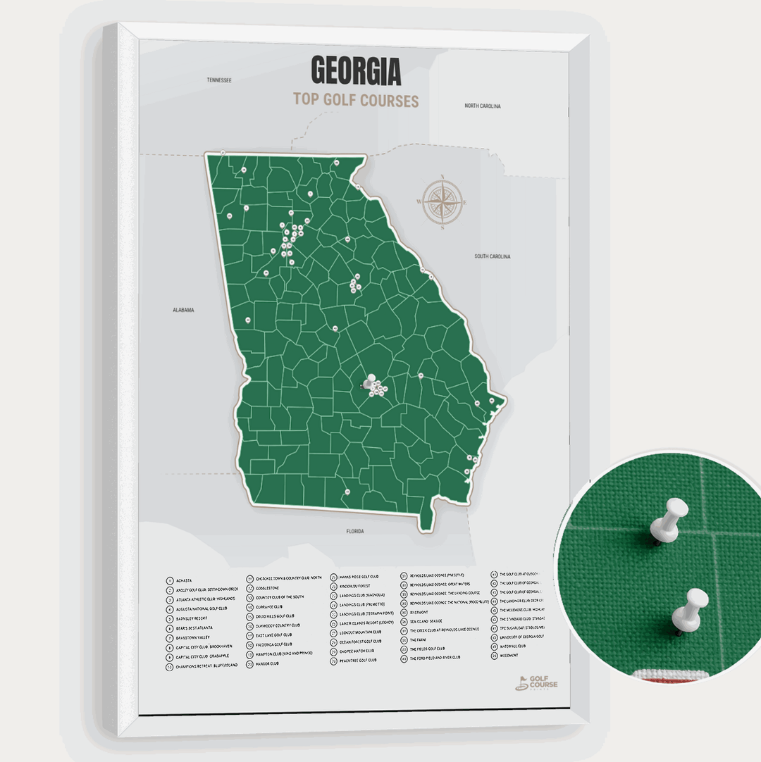 Map of Georgia Golf Courses - Green - Pushpin - White Frame