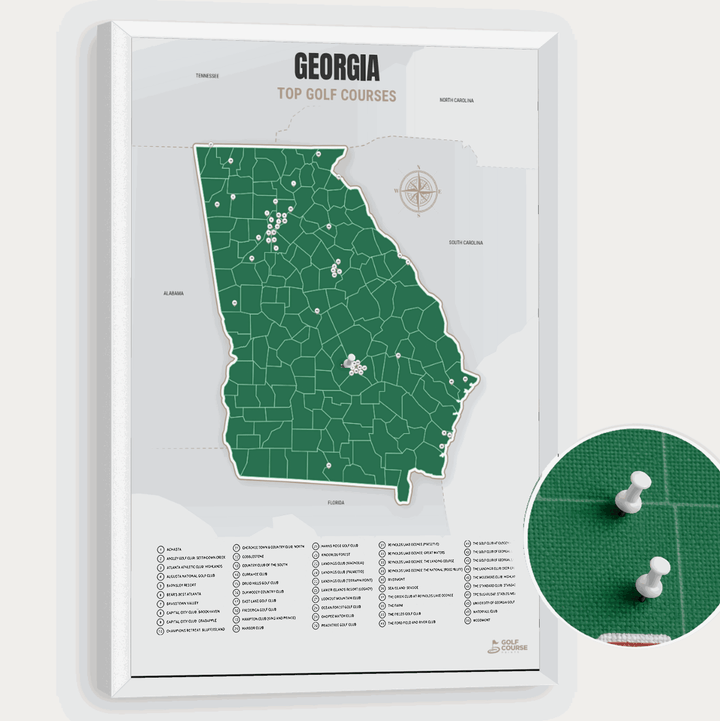 Map of Georgia Golf Courses - Green - Pushpin - White Frame