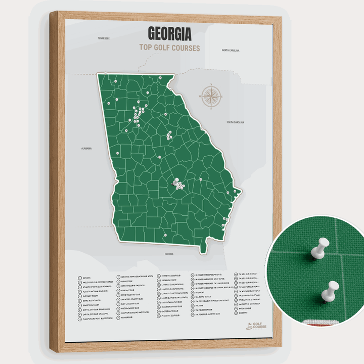 Map of Georgia Golf Courses - Green - Pushpin - Wooden Frame