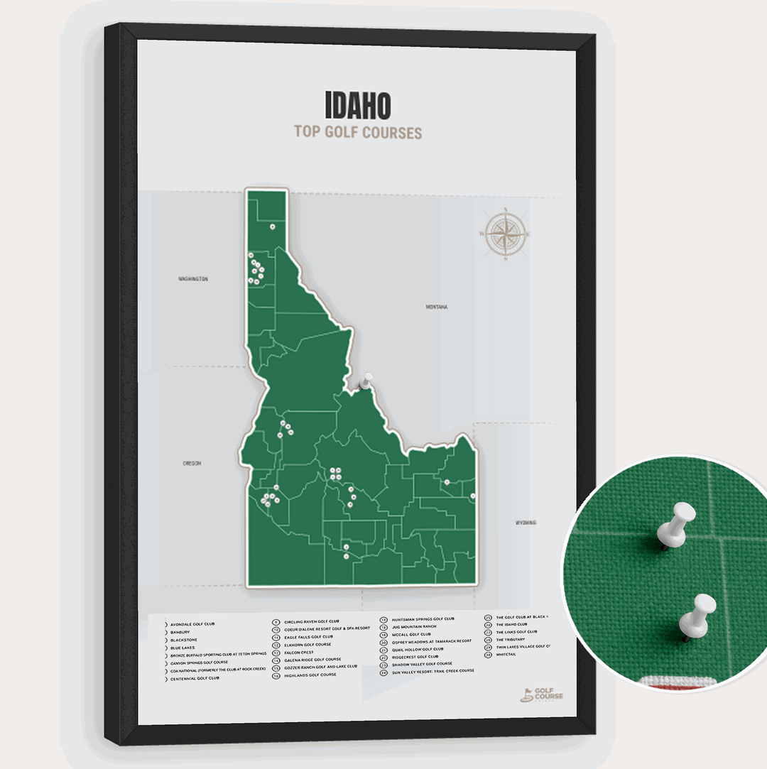 Map of Idaho Golf Courses - Green - Pushpin - Black Frame