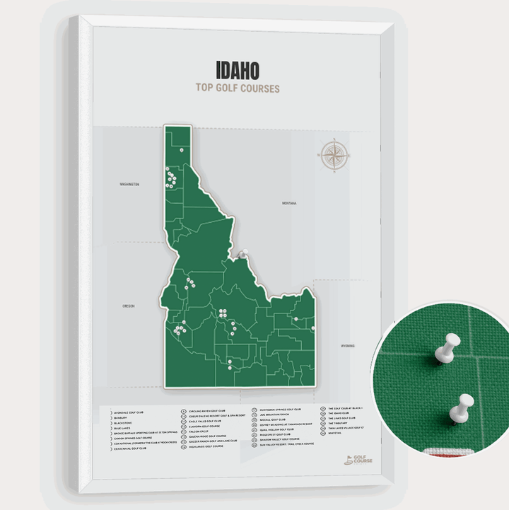 Map of Idaho Golf Courses - Green - Pushpin - White Frame