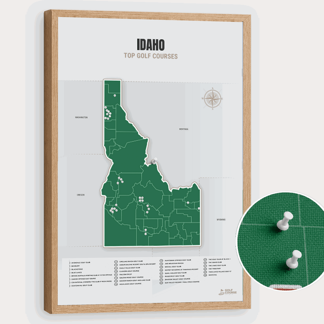 Map of Idaho Golf Courses - Green - Pushpin - Wooden Frame