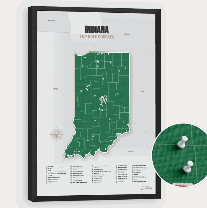 Map of Indiana Golf Courses - Green - Pushpin - Black Frame