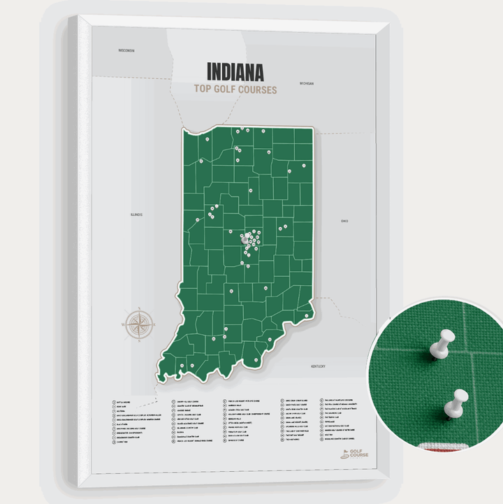 Map of Indiana Golf Courses - Green - Pushpin - White Frame