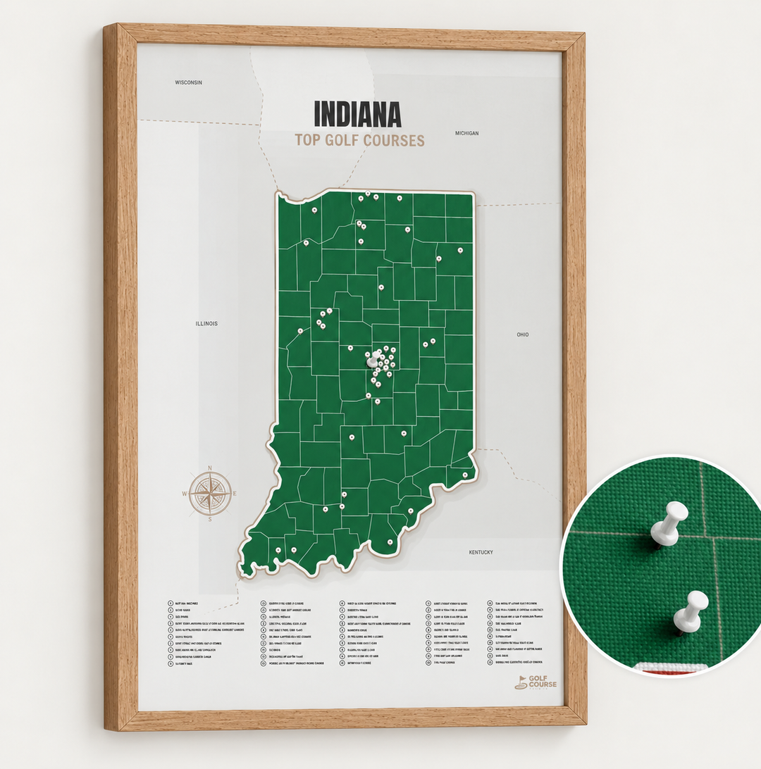 Map of Indiana Golf Courses - Green - Pushpin - Wooden Frame
