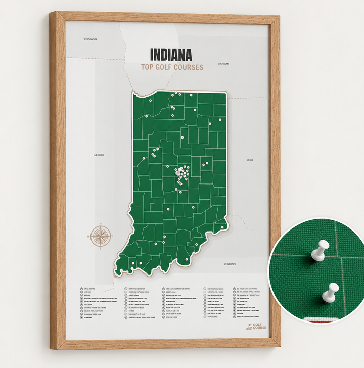 Map of Indiana Golf Courses - Green - Pushpin - Wooden Frame