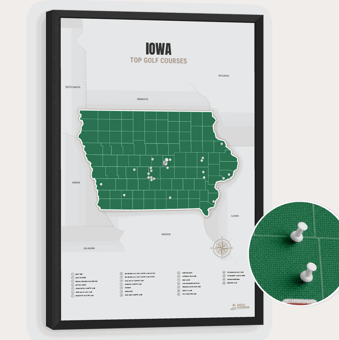 Map of Iowa Golf Courses - Green - Pushpin - Black Frame