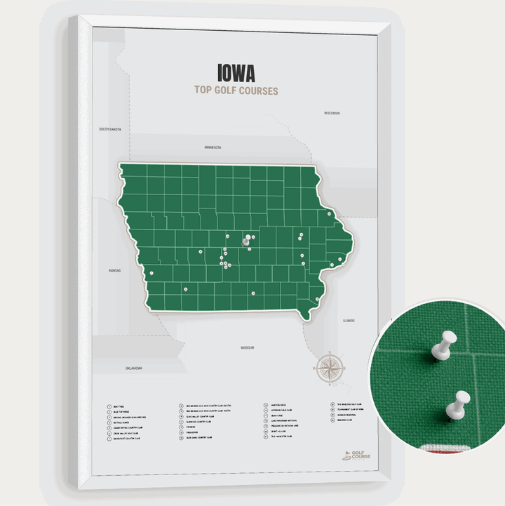 Map of Iowa Golf Courses - Green - Pushpin - White Frame