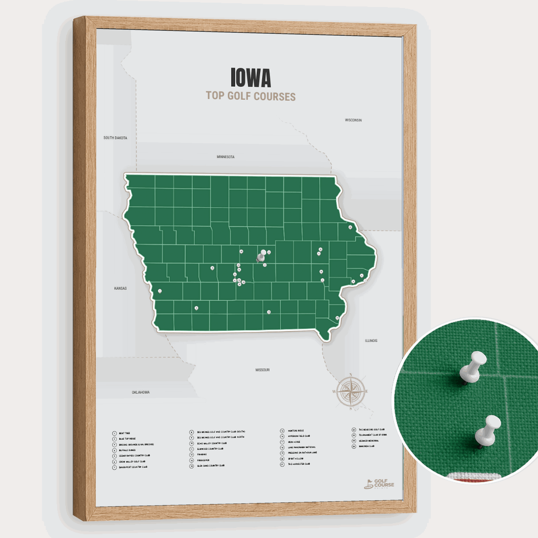 Map of Iowa Golf Courses - Green - Pushpin - Wooden Frame