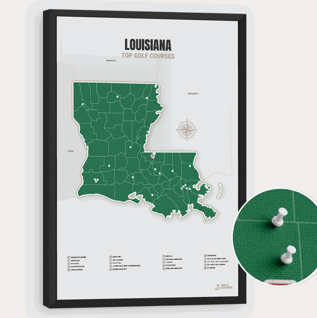 Map of Louisiana Golf Courses - Green - Pushpin - Black Frame