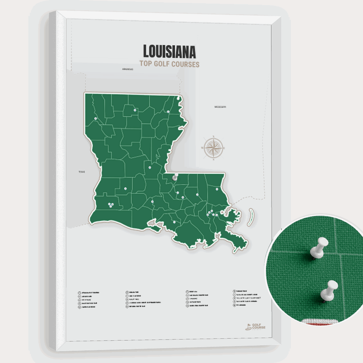 Map of Louisiana Golf Courses - Green - Pushpin - White Frame